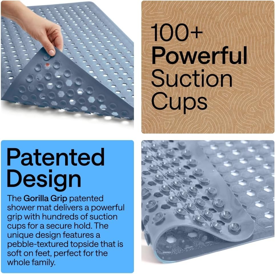 image:imageGORILLA GRIP Patented Bath Tub Shower Mat Machine Washable Bathtub Floor Liner Mats Suction Cups and Drain Holes to Keep Tubs Clean Soft on Feet Bathroom Essentials 35x16 Inch ClearSky Blue Opaque