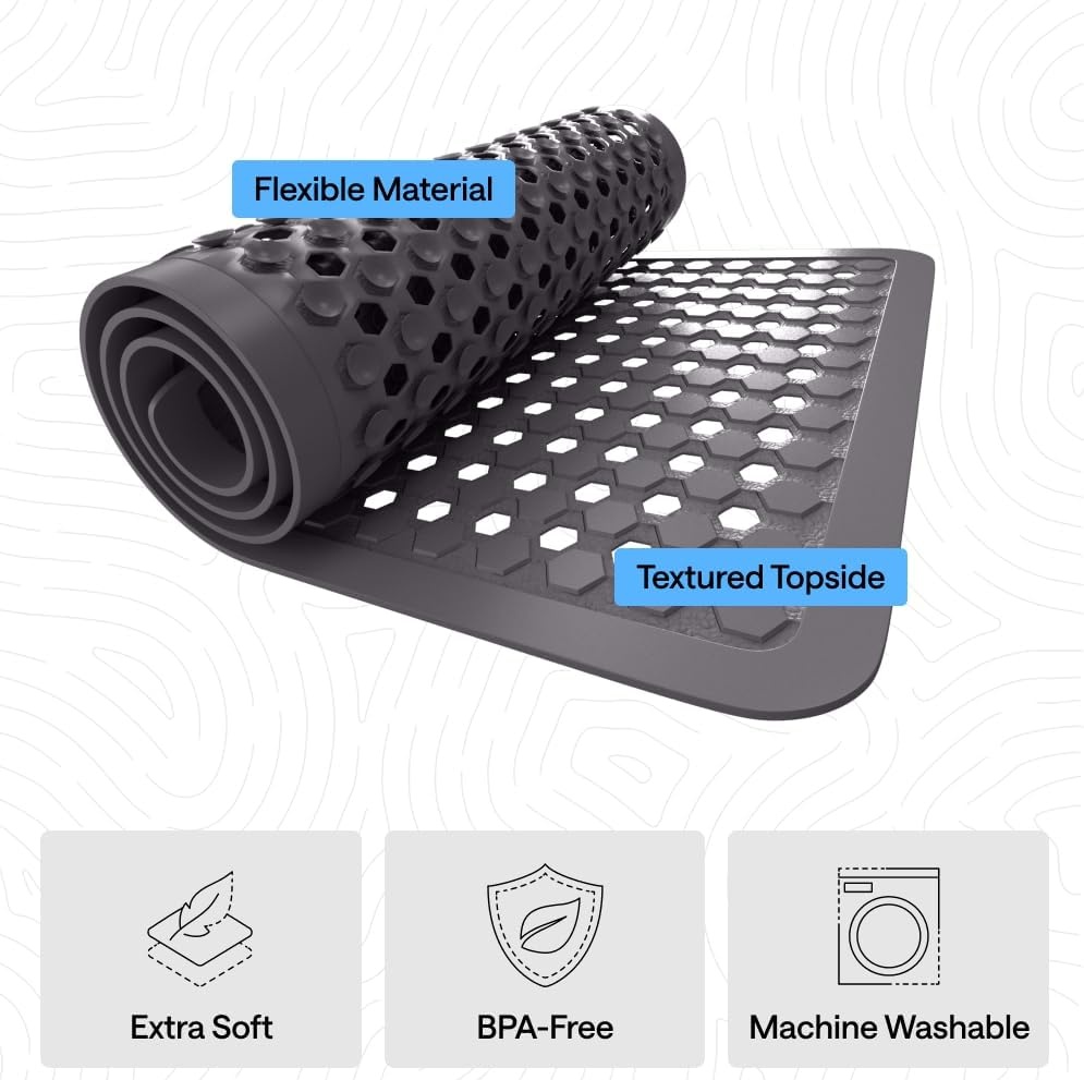 image:imageGORILLA GRIP Patented Bath Tub Shower Mat Machine Washable Bathtub Floor Liner Mats Suction Cups and Drain Holes to Keep Tubs Clean Soft on Feet Bathroom Essentials 35x16 Inch ClearCharcoal Opaque