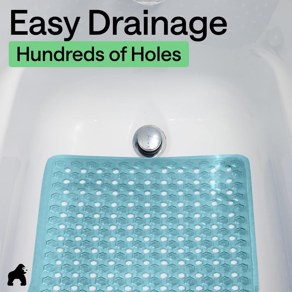 image:imageGORILLA GRIP Patented Bath Tub Shower Mat Machine Washable Bathtub Floor Liner Mats Suction Cups and Drain Holes to Keep Tubs Clean Soft on Feet Bathroom Essentials 35x16 Inch ClearTurquoise Translucent