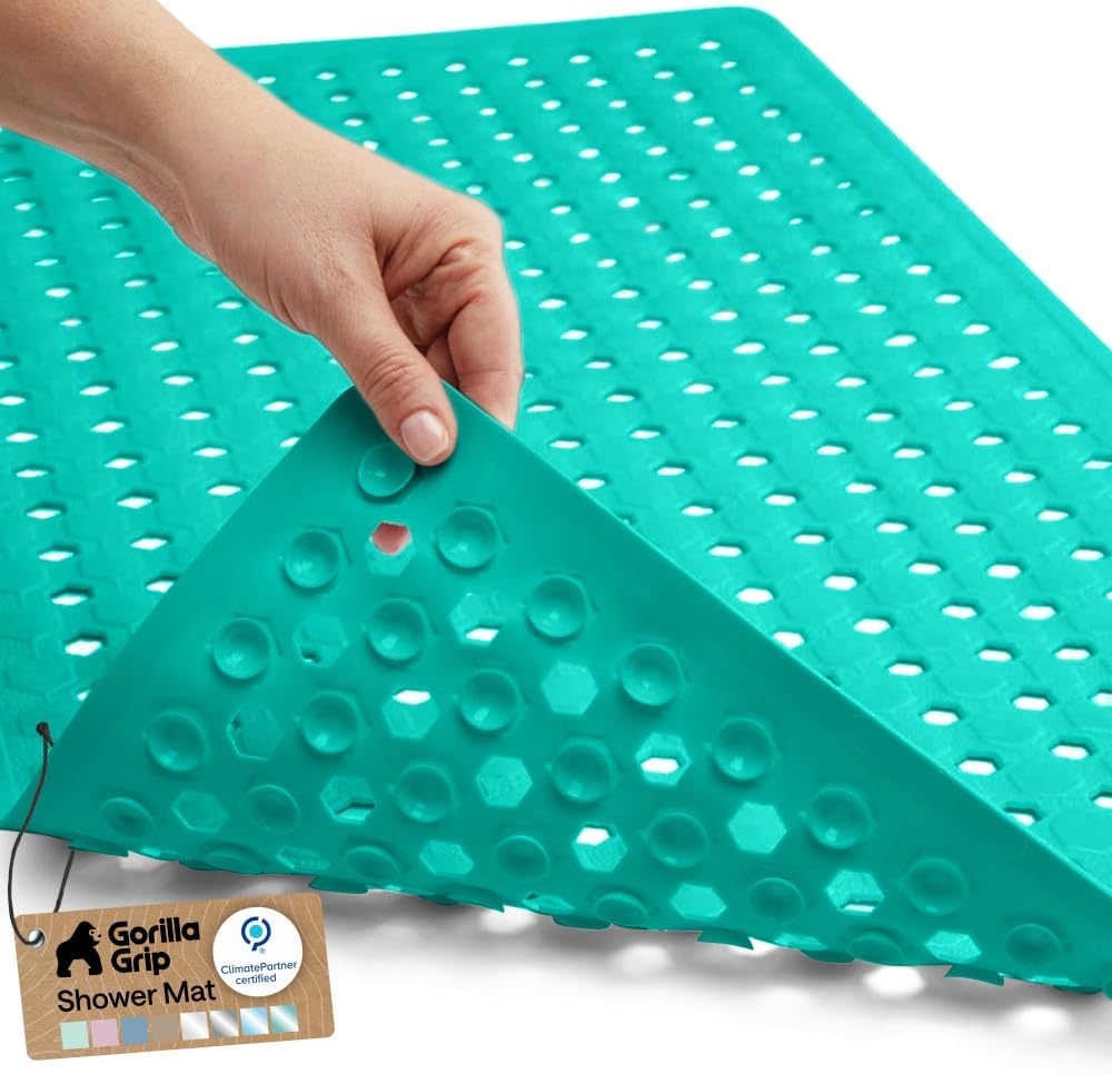 image:imageGORILLA GRIP Patented Bath Tub Shower Mat Machine Washable Bathtub Floor Liner Mats Suction Cups and Drain Holes to Keep Tubs Clean Soft on Feet Bathroom Essentials 35x16 Inch ClearTurquoise Opaque