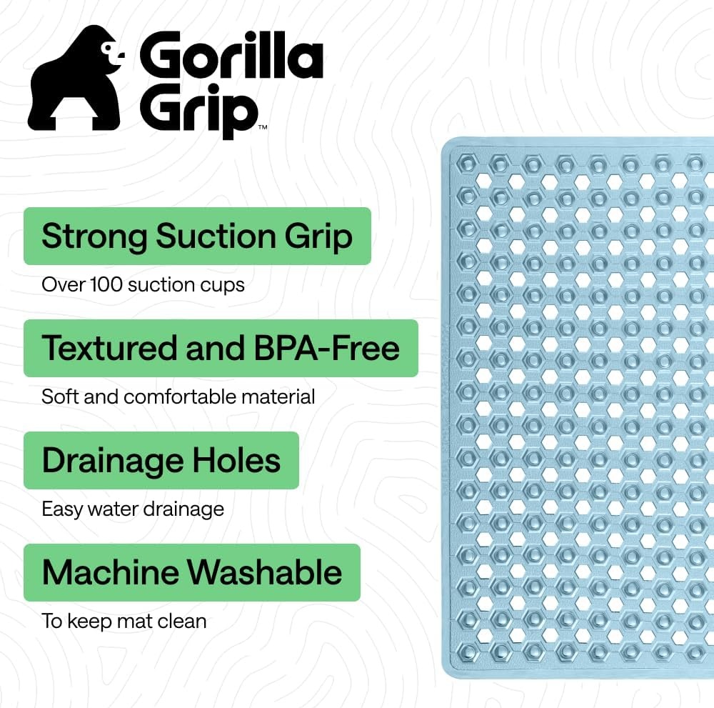 image:imageGORILLA GRIP Patented Bath Tub Shower Mat Machine Washable Bathtub Floor Liner Mats Suction Cups and Drain Holes to Keep Tubs Clean Soft on Feet Bathroom Essentials 35x16 Inch ClearBlue Translucent