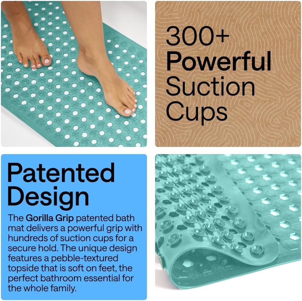 image:imageGORILLA GRIP Patented Bath Tub Shower Mat Machine Washable Bathtub Floor Liner Mats Suction Cups and Drain Holes to Keep Tubs Clean Soft on Feet Bathroom Essentials 35x16 Inch ClearTurquoise Opaque