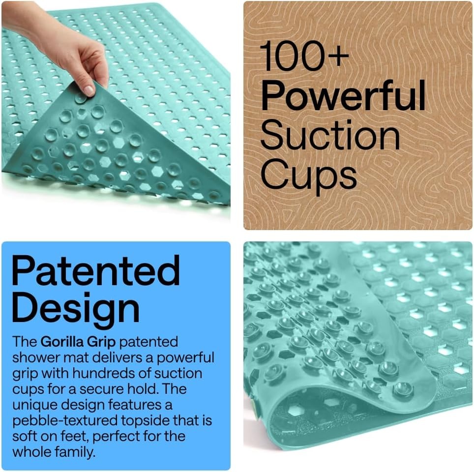 image:imageGORILLA GRIP Patented Bath Tub Shower Mat Machine Washable Bathtub Floor Liner Mats Suction Cups and Drain Holes to Keep Tubs Clean Soft on Feet Bathroom Essentials 35x16 Inch ClearTurquoise Opaque
