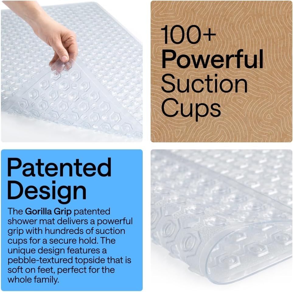 image:imageGORILLA GRIP Patented Bath Tub Shower Mat Machine Washable Bathtub Floor Liner Mats Suction Cups and Drain Holes to Keep Tubs Clean Soft on Feet Bathroom Essentials 35x16 Inch ClearClear