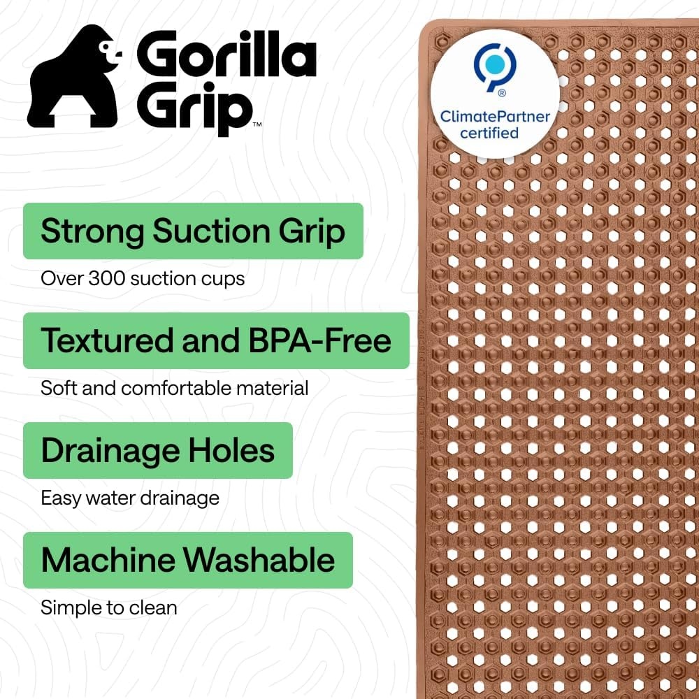 image:imageGORILLA GRIP Patented Bath Tub Shower Mat Machine Washable Bathtub Floor Liner Mats Suction Cups and Drain Holes to Keep Tubs Clean Soft on Feet Bathroom Essentials 35x16 Inch ClearBrown Translucent