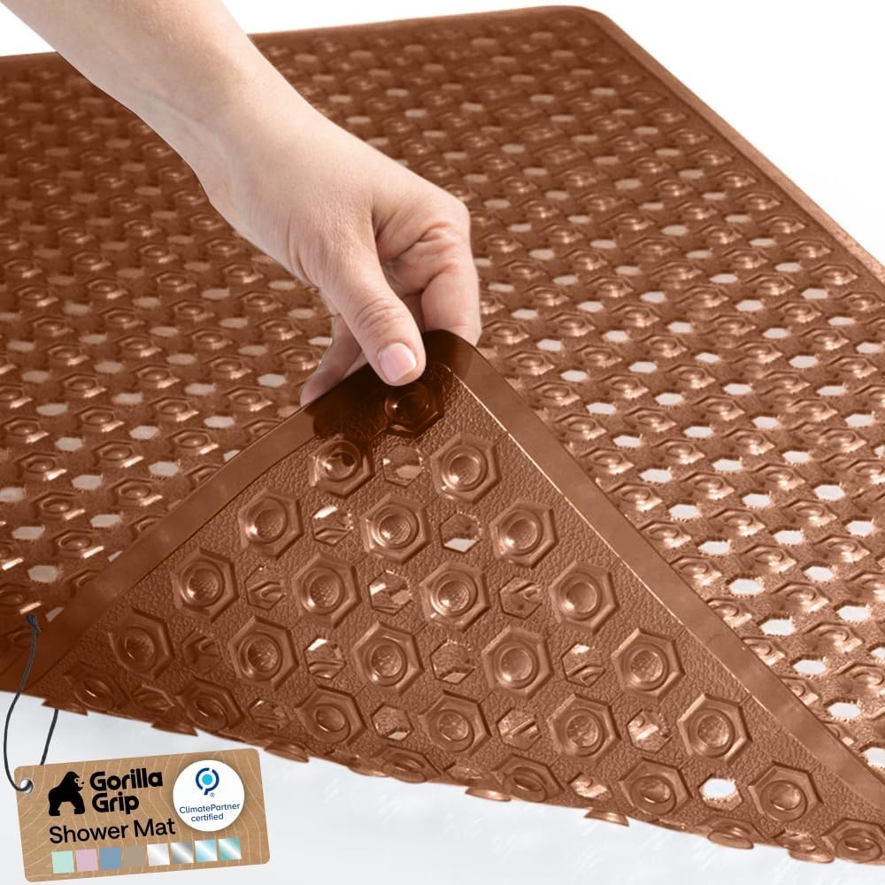 image:imageGORILLA GRIP Patented Bath Tub Shower Mat Machine Washable Bathtub Floor Liner Mats Suction Cups and Drain Holes to Keep Tubs Clean Soft on Feet Bathroom Essentials 35x16 Inch ClearBrown Translucent