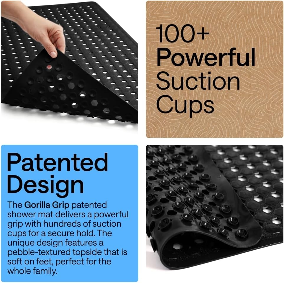image:imageGORILLA GRIP Patented Bath Tub Shower Mat Machine Washable Bathtub Floor Liner Mats Suction Cups and Drain Holes to Keep Tubs Clean Soft on Feet Bathroom Essentials 35x16 Inch ClearBlack Opaque
