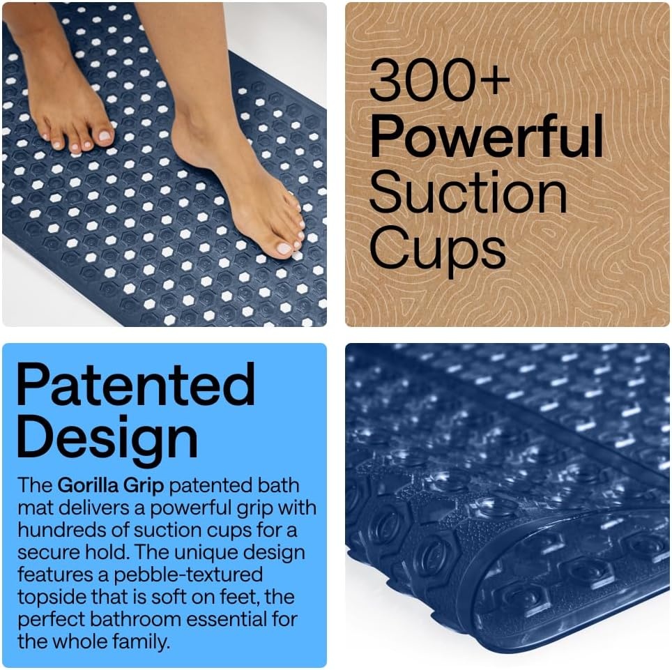 image:imageGORILLA GRIP Patented Bath Tub Shower Mat Machine Washable Bathtub Floor Liner Mats Suction Cups and Drain Holes to Keep Tubs Clean Soft on Feet Bathroom Essentials 35x16 Inch ClearNavy Translucent