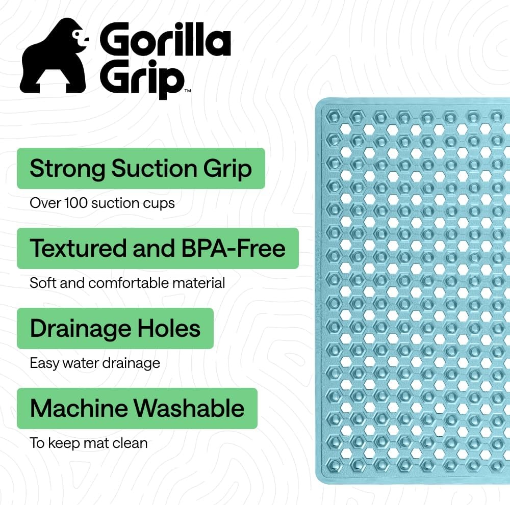 image:imageGORILLA GRIP Patented Bath Tub Shower Mat Machine Washable Bathtub Floor Liner Mats Suction Cups and Drain Holes to Keep Tubs Clean Soft on Feet Bathroom Essentials 35x16 Inch ClearTurquoise Translucent