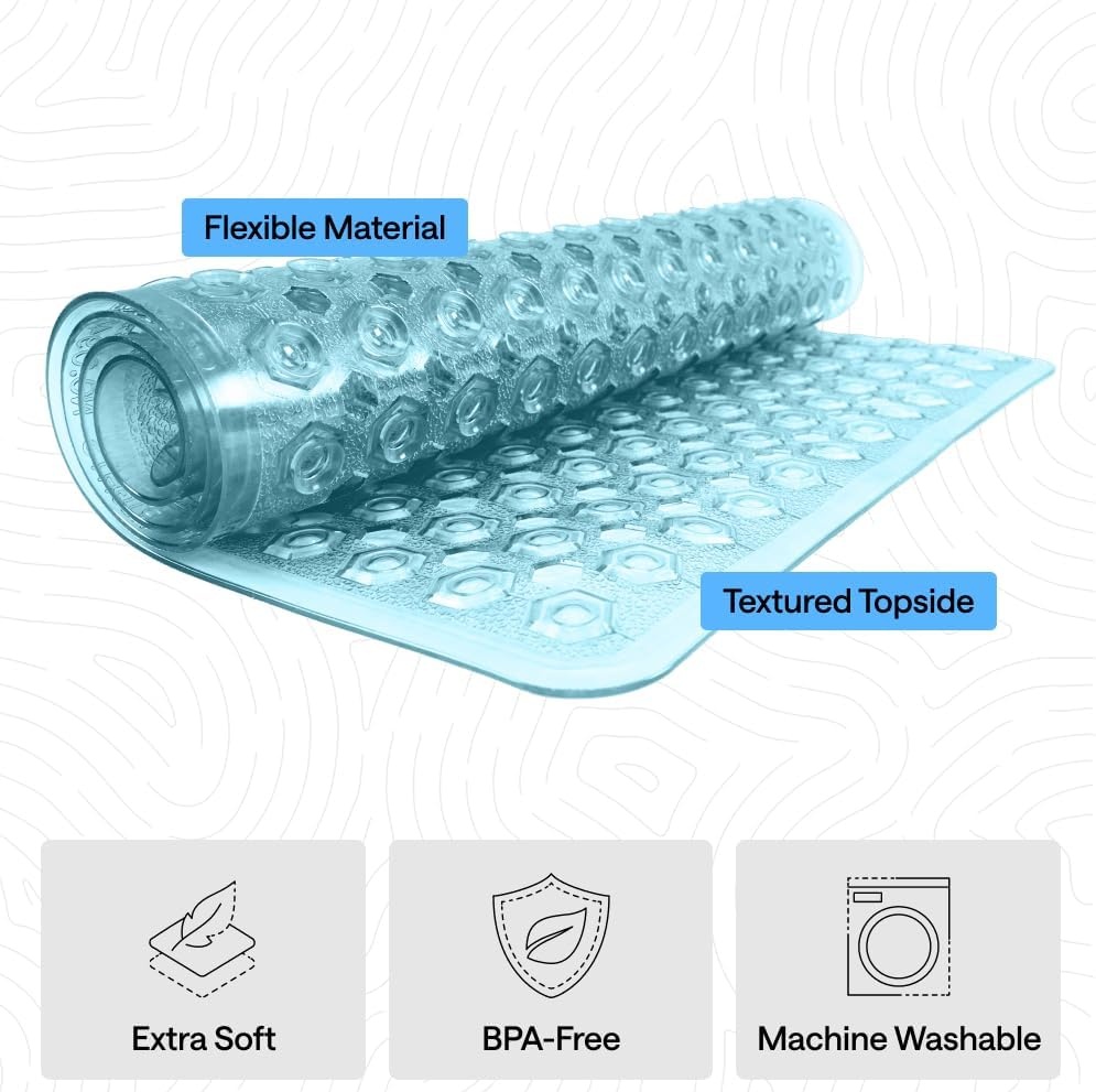 image:imageGORILLA GRIP Patented Bath Tub Shower Mat Machine Washable Bathtub Floor Liner Mats Suction Cups and Drain Holes to Keep Tubs Clean Soft on Feet Bathroom Essentials 35x16 Inch ClearTurquoise Translucent