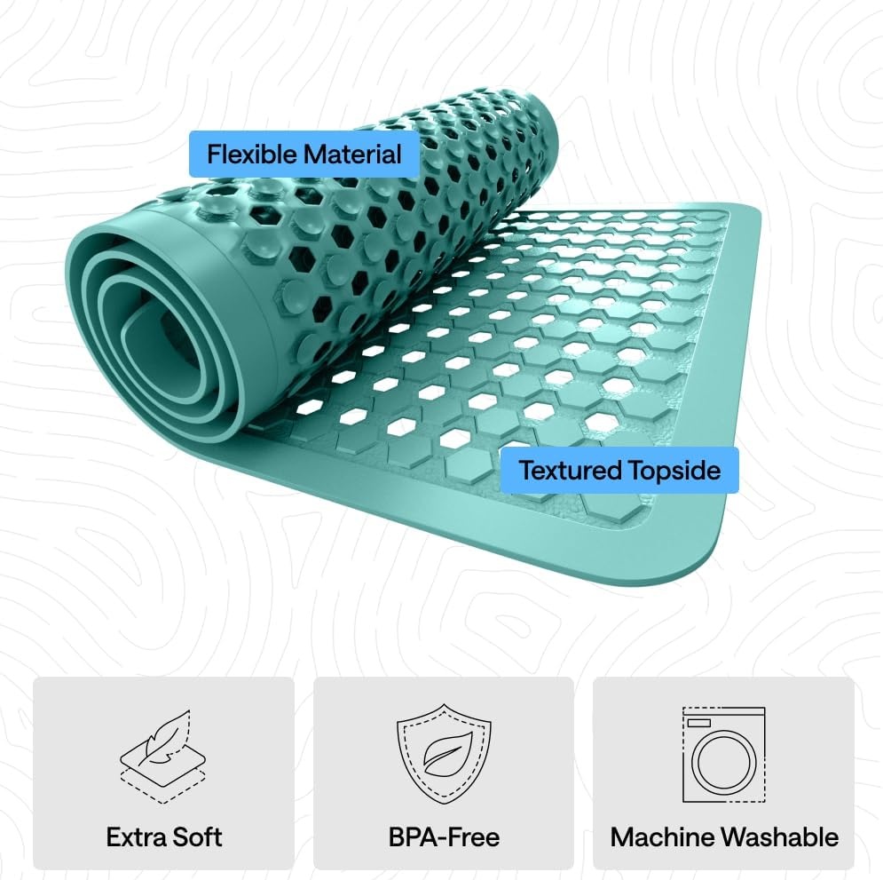 image:imageGORILLA GRIP Patented Bath Tub Shower Mat Machine Washable Bathtub Floor Liner Mats Suction Cups and Drain Holes to Keep Tubs Clean Soft on Feet Bathroom Essentials 35x16 Inch ClearTurquoise Opaque