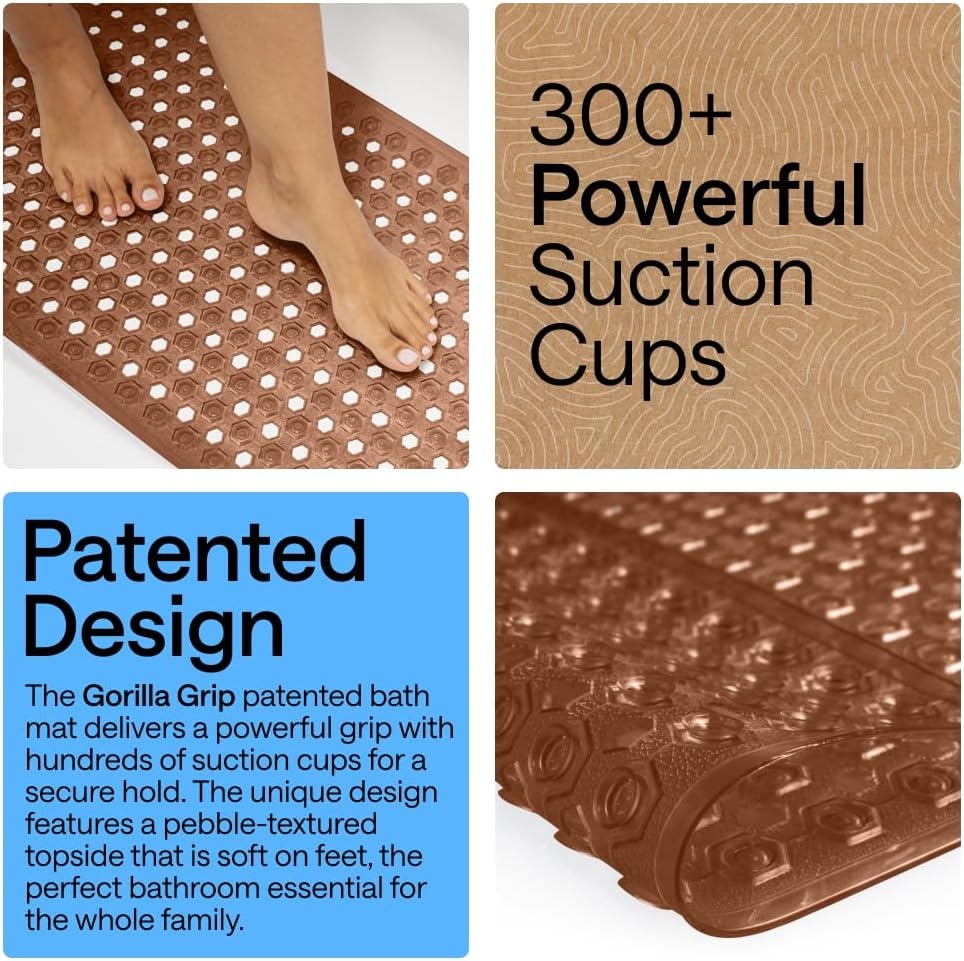 image:imageGORILLA GRIP Patented Bath Tub Shower Mat Machine Washable Bathtub Floor Liner Mats Suction Cups and Drain Holes to Keep Tubs Clean Soft on Feet Bathroom Essentials 35x16 Inch ClearBrown Translucent