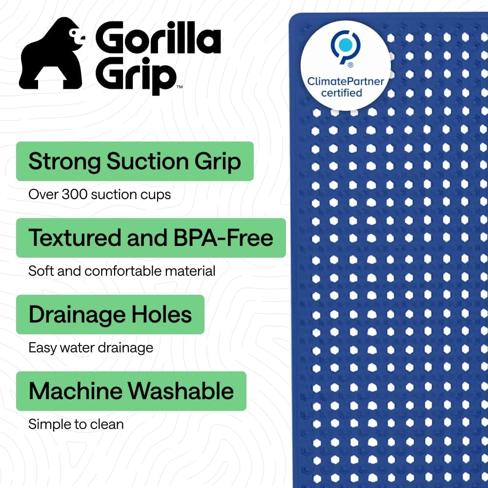 image:imageGORILLA GRIP Patented Bath Tub Shower Mat Machine Washable Bathtub Floor Liner Mats Suction Cups and Drain Holes to Keep Tubs Clean Soft on Feet Bathroom Essentials 35x16 Inch ClearRoyal Blue Opaque
