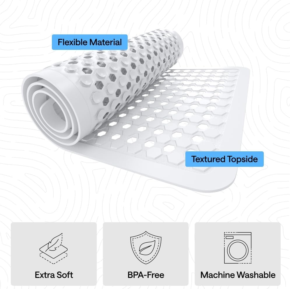 image:imageGORILLA GRIP Patented Bath Tub Shower Mat Machine Washable Bathtub Floor Liner Mats Suction Cups and Drain Holes to Keep Tubs Clean Soft on Feet Bathroom Essentials 35x16 Inch ClearWhite Opaque