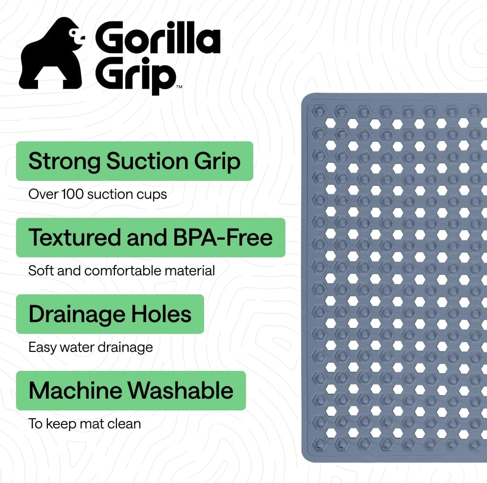 image:imageGORILLA GRIP Patented Bath Tub Shower Mat Machine Washable Bathtub Floor Liner Mats Suction Cups and Drain Holes to Keep Tubs Clean Soft on Feet Bathroom Essentials 35x16 Inch ClearSky Blue Opaque