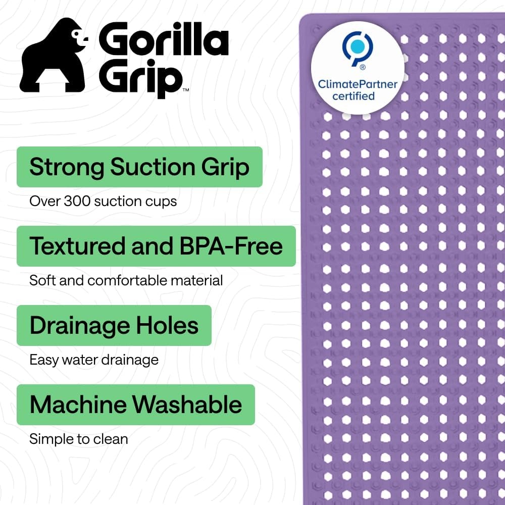 image:imageGORILLA GRIP Patented Bath Tub Shower Mat Machine Washable Bathtub Floor Liner Mats Suction Cups and Drain Holes to Keep Tubs Clean Soft on Feet Bathroom Essentials 35x16 Inch ClearPurple Opaque