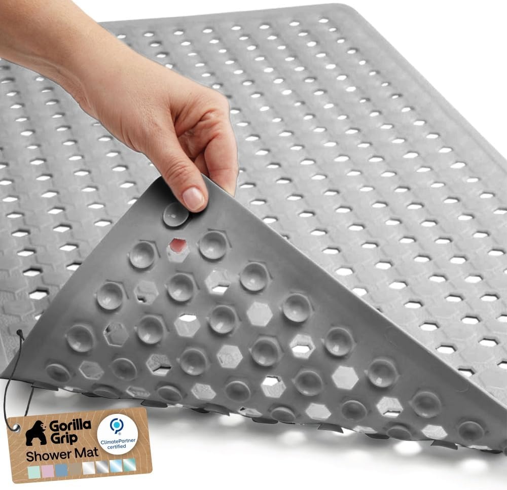 image:imageGORILLA GRIP Patented Bath Tub Shower Mat Machine Washable Bathtub Floor Liner Mats Suction Cups and Drain Holes to Keep Tubs Clean Soft on Feet Bathroom Essentials 35x16 Inch ClearGray Opaque
