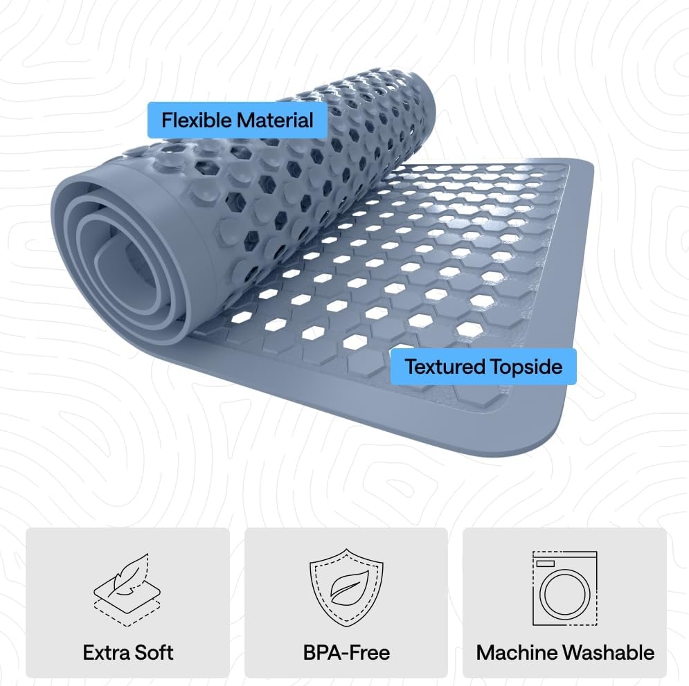 image:imageGORILLA GRIP Patented Bath Tub Shower Mat Machine Washable Bathtub Floor Liner Mats Suction Cups and Drain Holes to Keep Tubs Clean Soft on Feet Bathroom Essentials 35x16 Inch ClearSky Blue Opaque