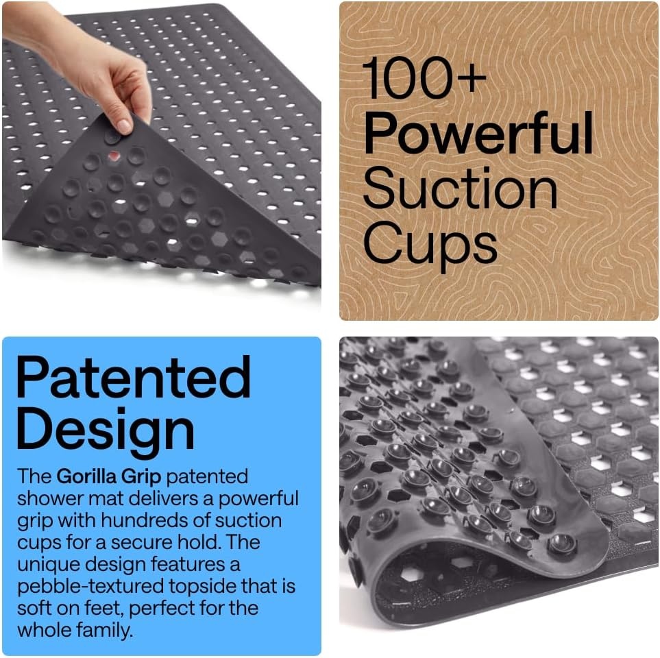 image:imageGORILLA GRIP Patented Bath Tub Shower Mat Machine Washable Bathtub Floor Liner Mats Suction Cups and Drain Holes to Keep Tubs Clean Soft on Feet Bathroom Essentials 35x16 Inch ClearCharcoal Opaque