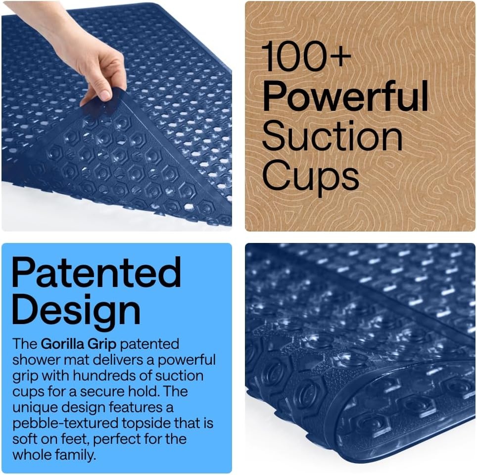 image:imageGORILLA GRIP Patented Bath Tub Shower Mat Machine Washable Bathtub Floor Liner Mats Suction Cups and Drain Holes to Keep Tubs Clean Soft on Feet Bathroom Essentials 35x16 Inch ClearNavy Translucent