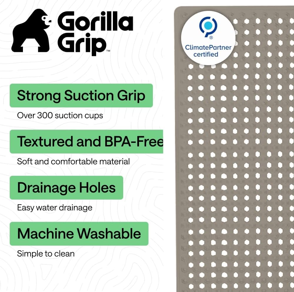 image:imageGORILLA GRIP Patented Bath Tub Shower Mat Machine Washable Bathtub Floor Liner Mats Suction Cups and Drain Holes to Keep Tubs Clean Soft on Feet Bathroom Essentials 35x16 Inch ClearBeige Opaque