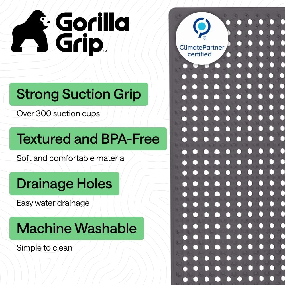 image:imageGORILLA GRIP Patented Bath Tub Shower Mat Machine Washable Bathtub Floor Liner Mats Suction Cups and Drain Holes to Keep Tubs Clean Soft on Feet Bathroom Essentials 35x16 Inch ClearCharcoal Opaque