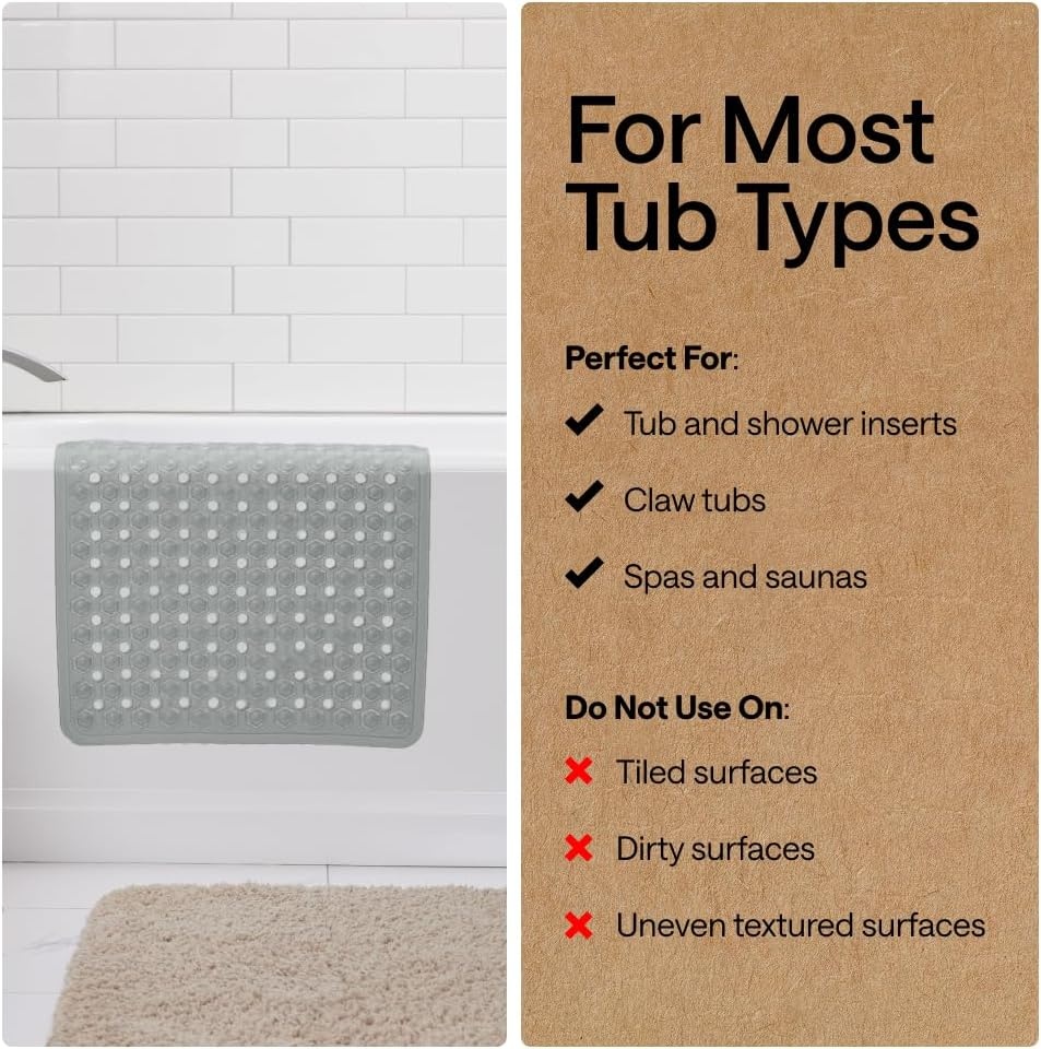 image:imageGORILLA GRIP Patented Bath Tub Shower Mat Machine Washable Bathtub Floor Liner Mats Suction Cups and Drain Holes to Keep Tubs Clean Soft on Feet Bathroom Essentials 35x16 Inch ClearGray Opaque