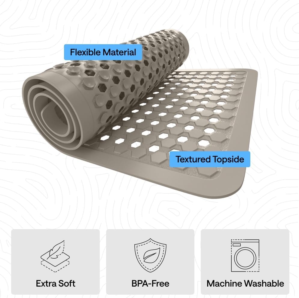 image:imageGORILLA GRIP Patented Bath Tub Shower Mat Machine Washable Bathtub Floor Liner Mats Suction Cups and Drain Holes to Keep Tubs Clean Soft on Feet Bathroom Essentials 35x16 Inch ClearBeige Opaque