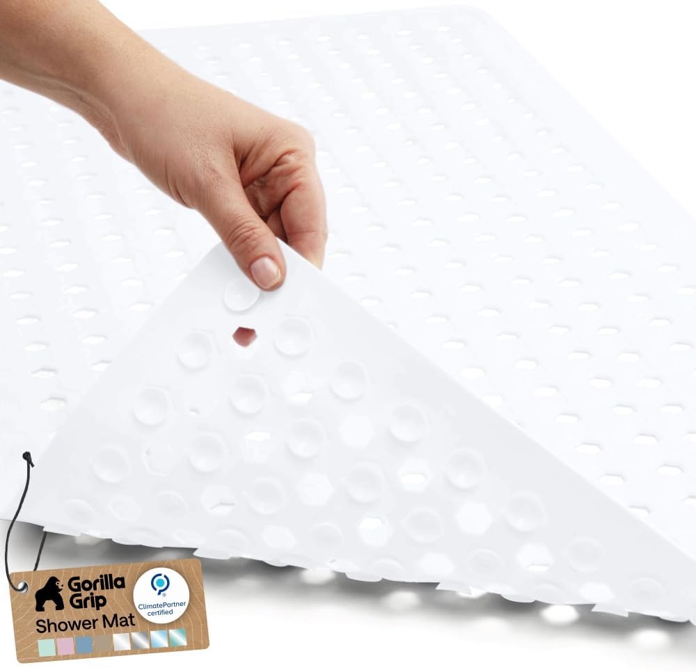 image:imageGORILLA GRIP Patented Bath Tub Shower Mat Machine Washable Bathtub Floor Liner Mats Suction Cups and Drain Holes to Keep Tubs Clean Soft on Feet Bathroom Essentials 35x16 Inch ClearWhite Opaque