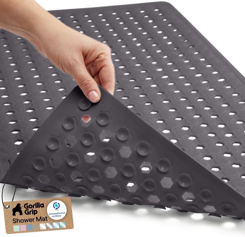 image:imageGORILLA GRIP Patented Bath Tub Shower Mat Machine Washable Bathtub Floor Liner Mats Suction Cups and Drain Holes to Keep Tubs Clean Soft on Feet Bathroom Essentials 35x16 Inch ClearCharcoal Opaque