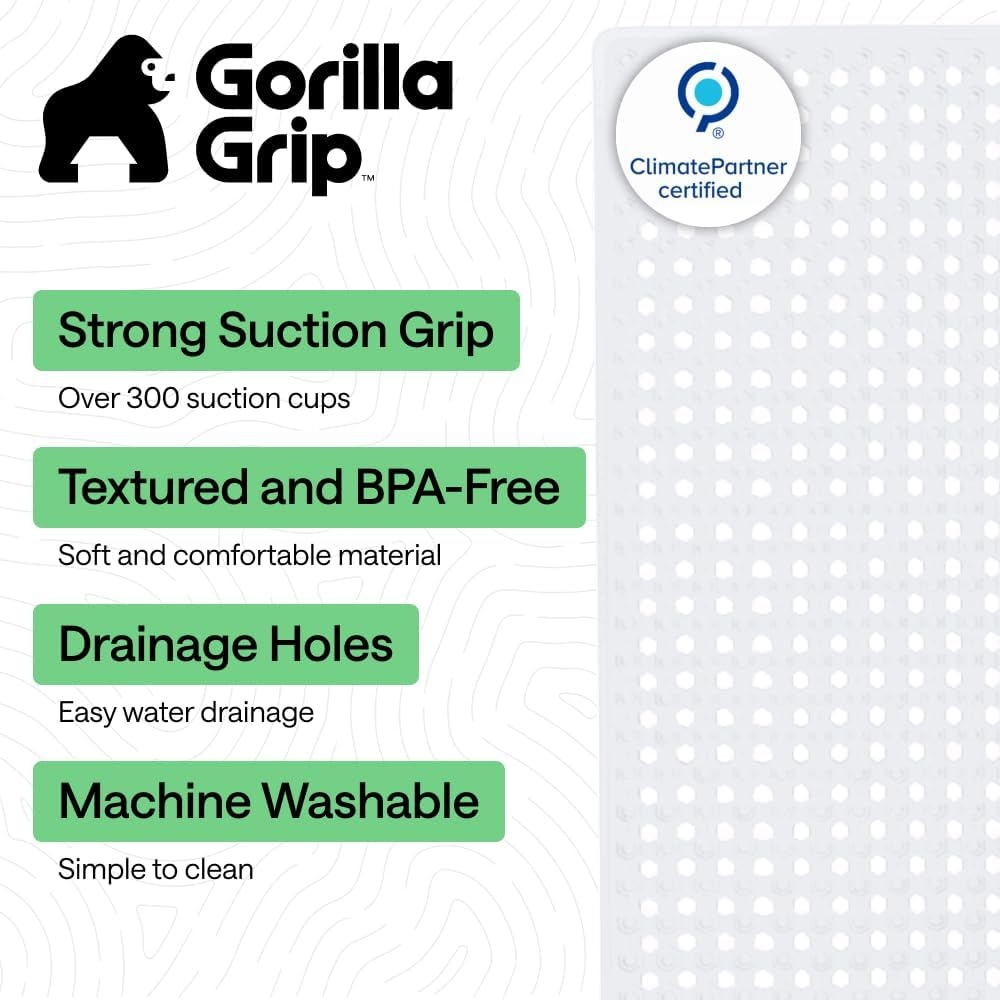 image:imageGORILLA GRIP Patented Bath Tub Shower Mat Machine Washable Bathtub Floor Liner Mats Suction Cups and Drain Holes to Keep Tubs Clean Soft on Feet Bathroom Essentials 35x16 Inch ClearWhite Opaque