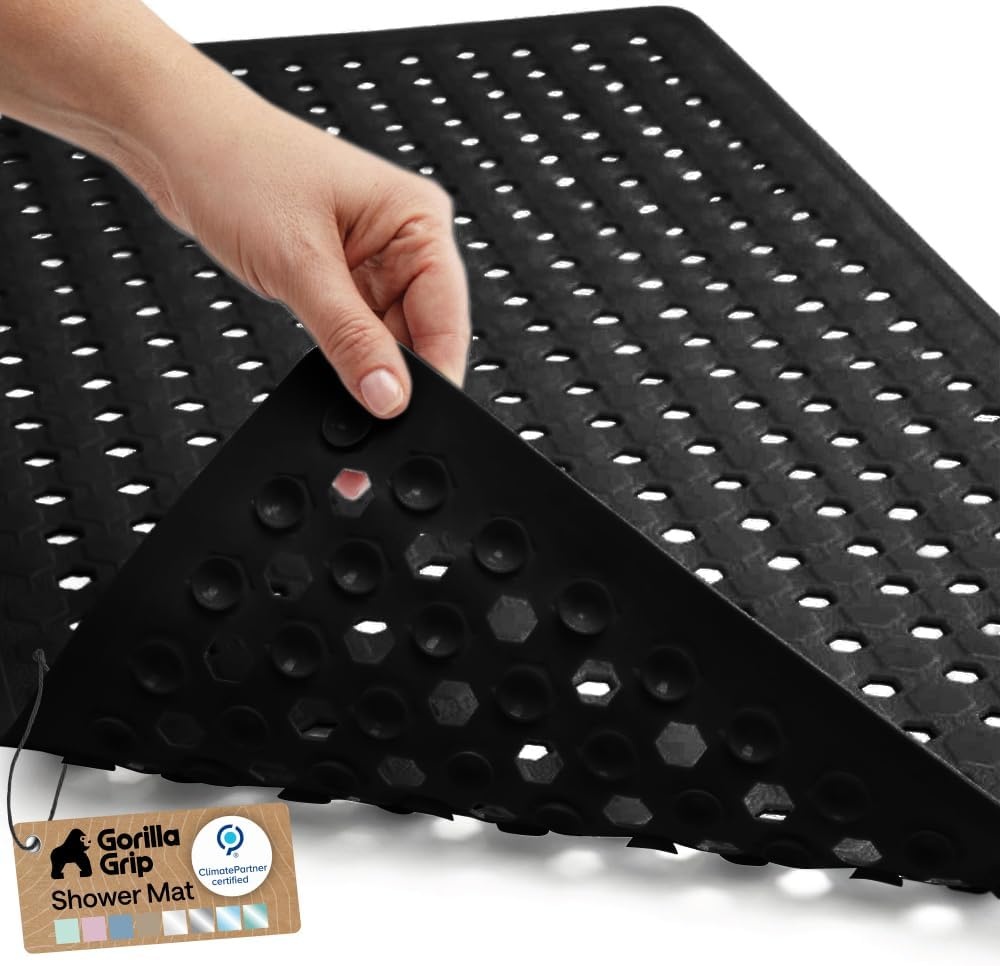 image:imageGORILLA GRIP Patented Bath Tub Shower Mat Machine Washable Bathtub Floor Liner Mats Suction Cups and Drain Holes to Keep Tubs Clean Soft on Feet Bathroom Essentials 35x16 Inch ClearBlack Opaque