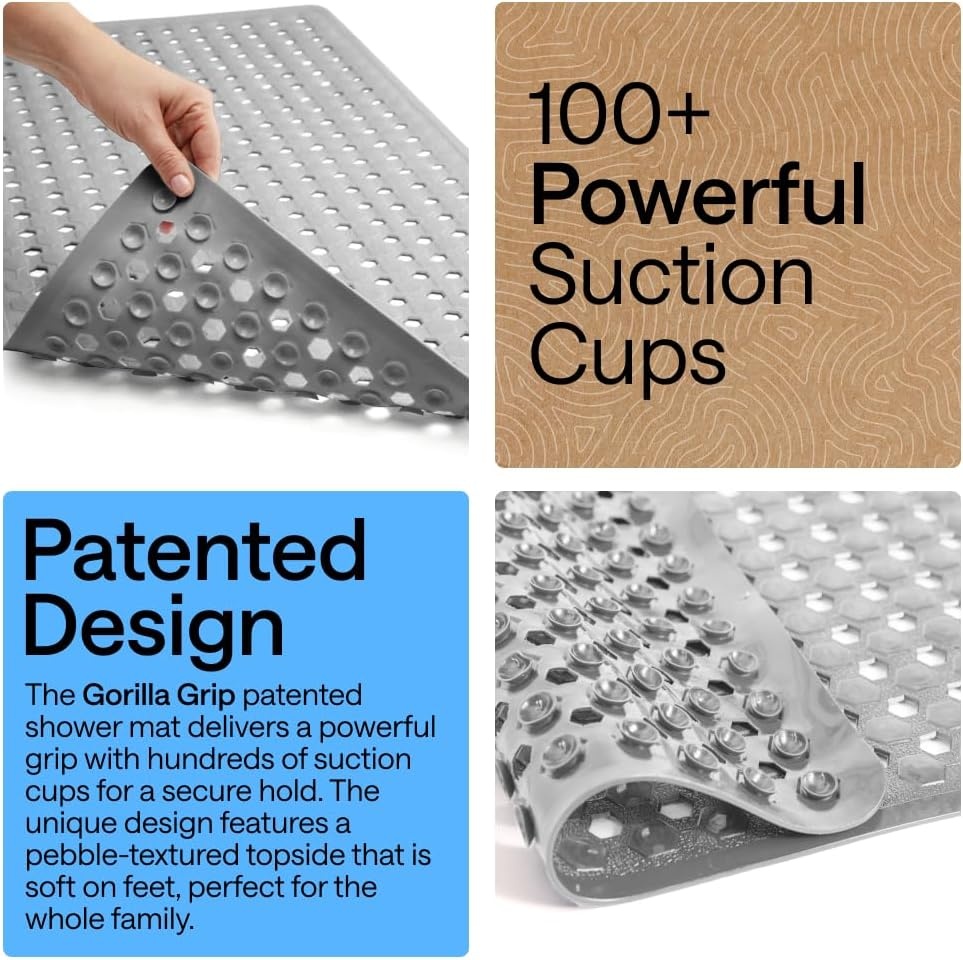 image:imageGORILLA GRIP Patented Bath Tub Shower Mat Machine Washable Bathtub Floor Liner Mats Suction Cups and Drain Holes to Keep Tubs Clean Soft on Feet Bathroom Essentials 35x16 Inch ClearGray Opaque