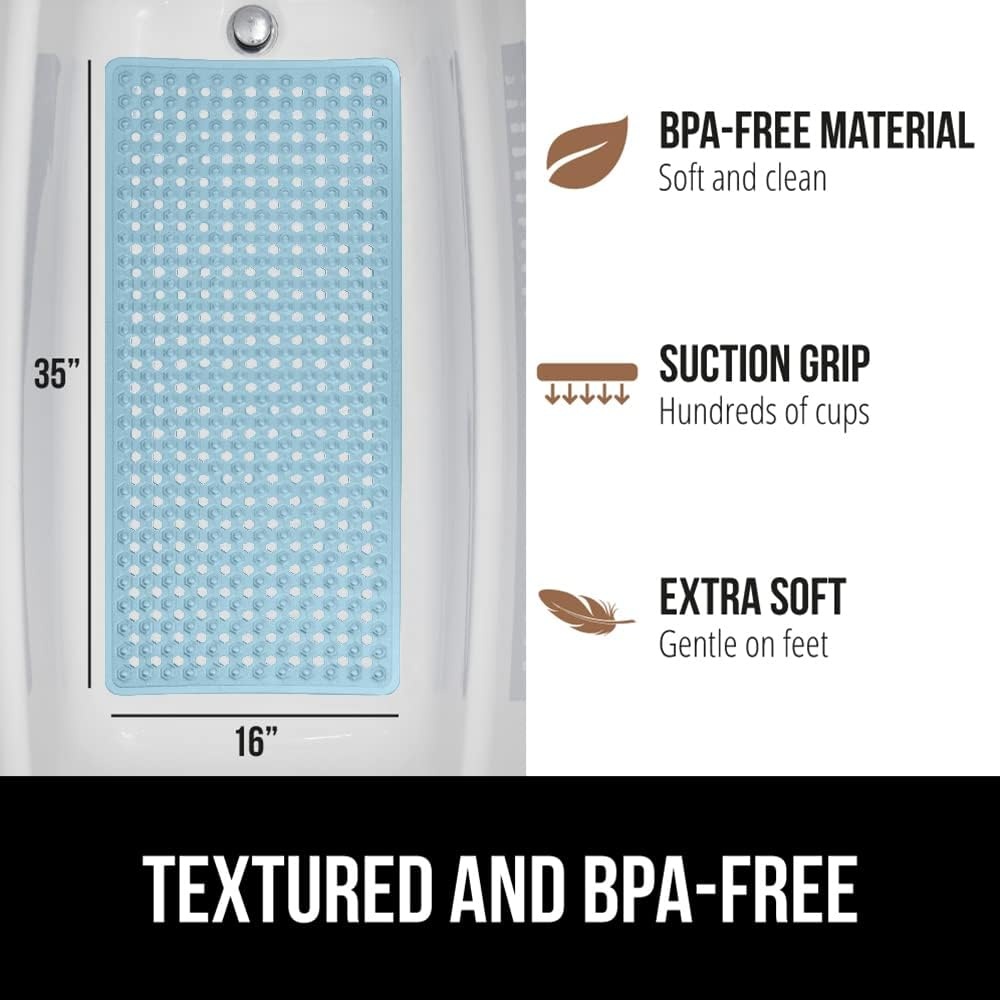 image:imageGORILLA GRIP Patented Bath Tub Shower Mat Machine Washable Bathtub Floor Liner Mats Suction Cups and Drain Holes to Keep Tubs Clean Soft on Feet Bathroom Essentials 35x16 Inch ClearBlue Translucent