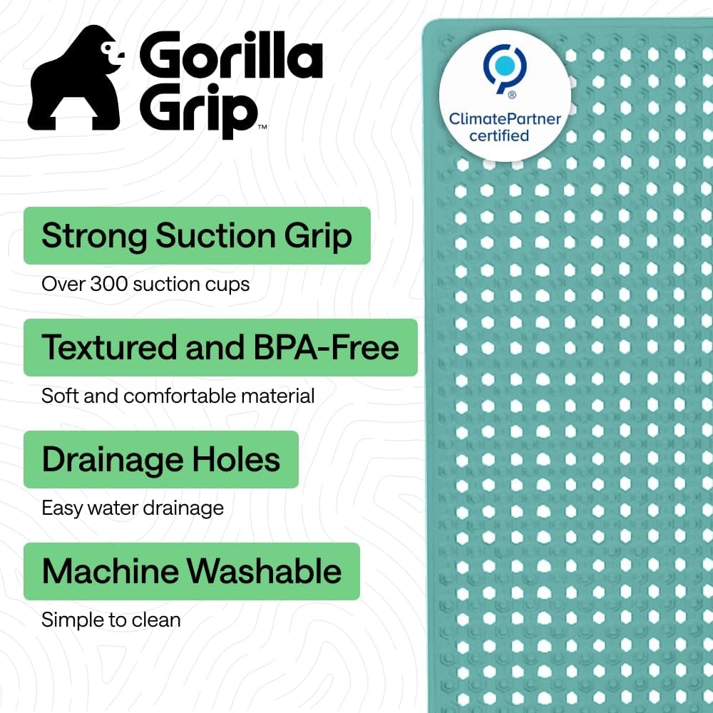 image:imageGORILLA GRIP Patented Bath Tub Shower Mat Machine Washable Bathtub Floor Liner Mats Suction Cups and Drain Holes to Keep Tubs Clean Soft on Feet Bathroom Essentials 35x16 Inch ClearTurquoise Opaque