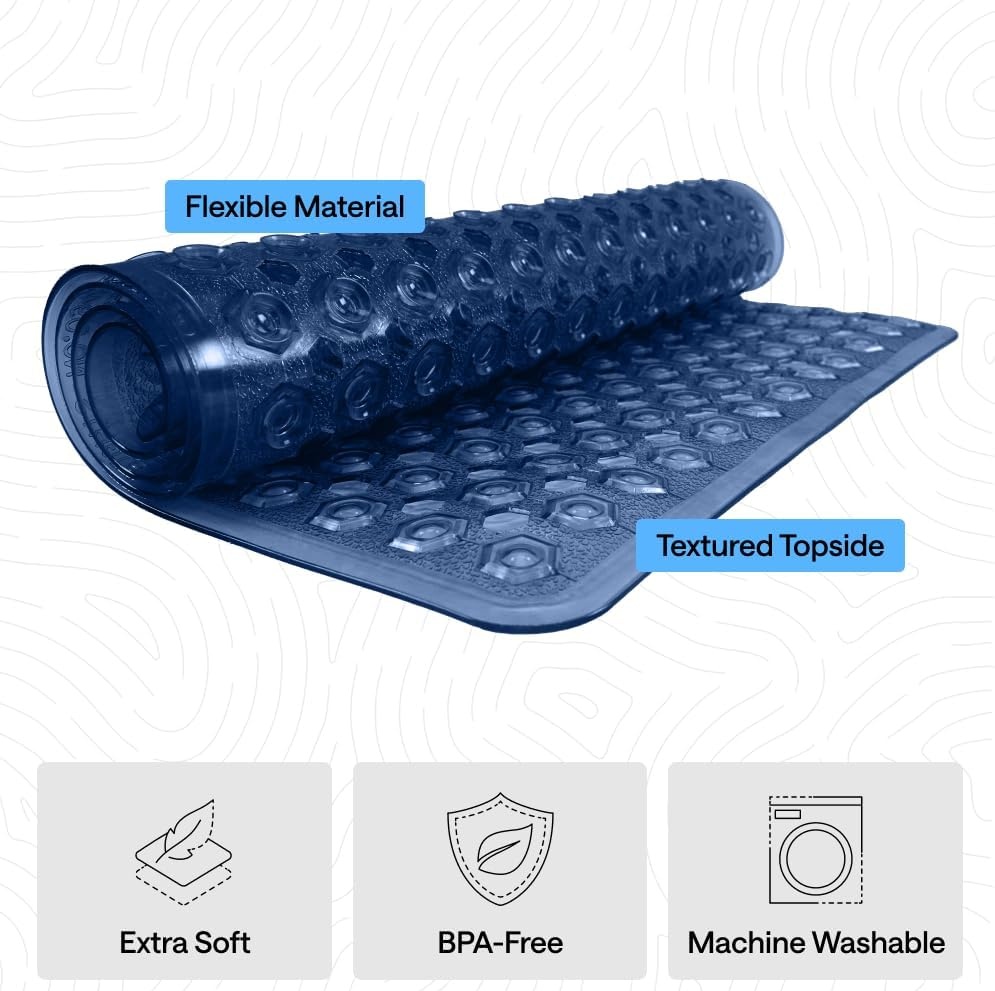 image:imageGORILLA GRIP Patented Bath Tub Shower Mat Machine Washable Bathtub Floor Liner Mats Suction Cups and Drain Holes to Keep Tubs Clean Soft on Feet Bathroom Essentials 35x16 Inch ClearNavy Translucent