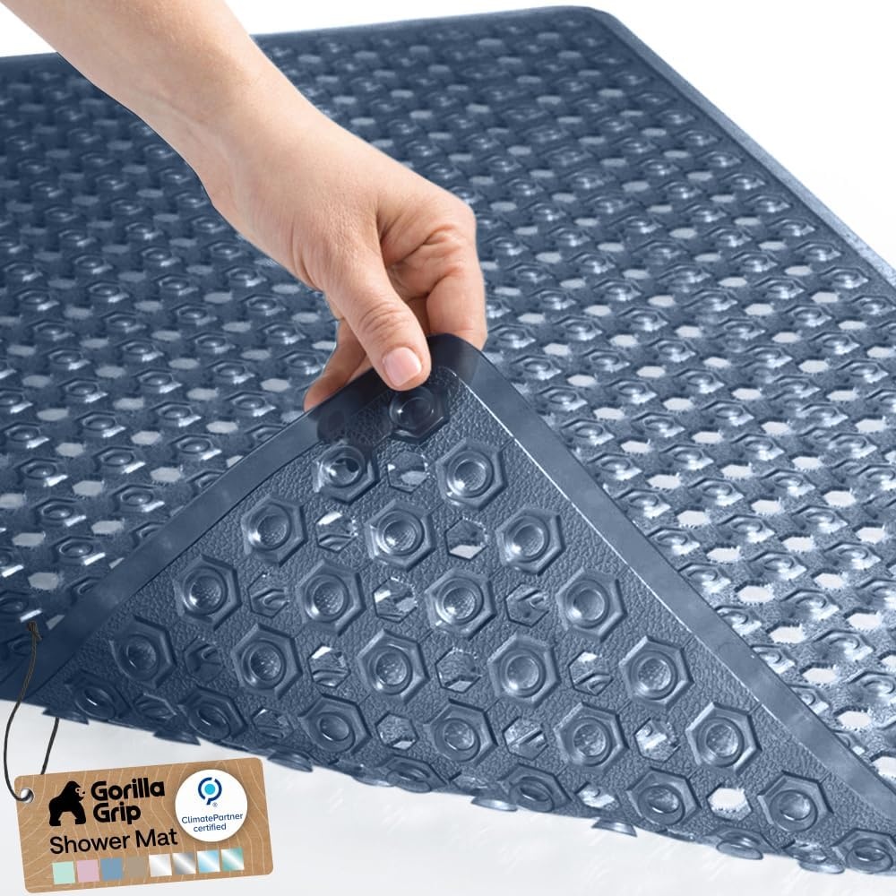 image:imageGORILLA GRIP Patented Bath Tub Shower Mat Machine Washable Bathtub Floor Liner Mats Suction Cups and Drain Holes to Keep Tubs Clean Soft on Feet Bathroom Essentials 35x16 Inch ClearNavy Translucent