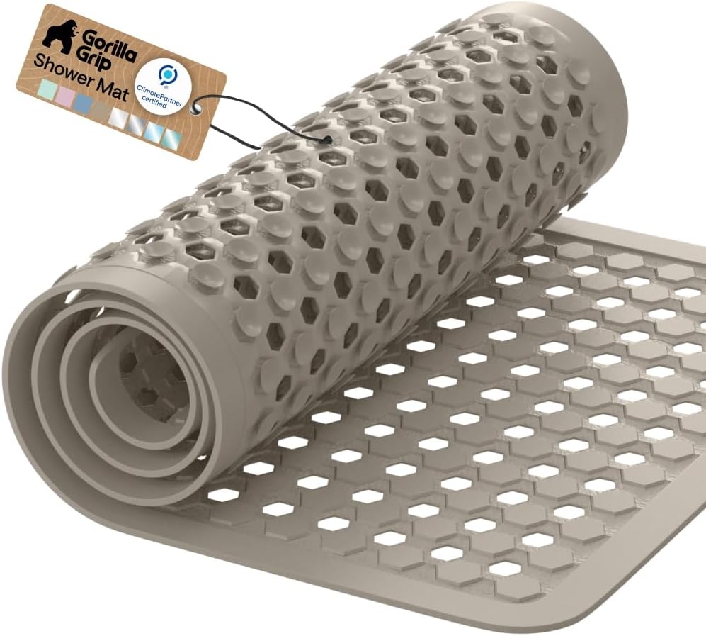 image:imageGORILLA GRIP Patented Bath Tub Shower Mat Machine Washable Bathtub Floor Liner Mats Suction Cups and Drain Holes to Keep Tubs Clean Soft on Feet Bathroom Essentials 35x16 Inch ClearBeige Opaque