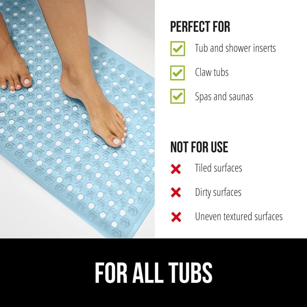 image:imageGORILLA GRIP Patented Bath Tub Shower Mat Machine Washable Bathtub Floor Liner Mats Suction Cups and Drain Holes to Keep Tubs Clean Soft on Feet Bathroom Essentials 35x16 Inch ClearBlue Translucent