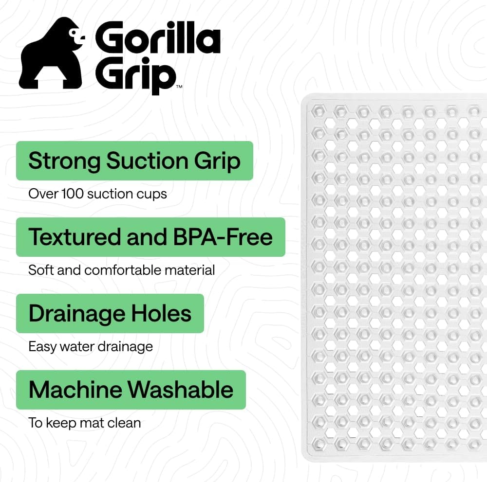 image:imageGORILLA GRIP Patented Bath Tub Shower Mat Machine Washable Bathtub Floor Liner Mats Suction Cups and Drain Holes to Keep Tubs Clean Soft on Feet Bathroom Essentials 35x16 Inch ClearClear