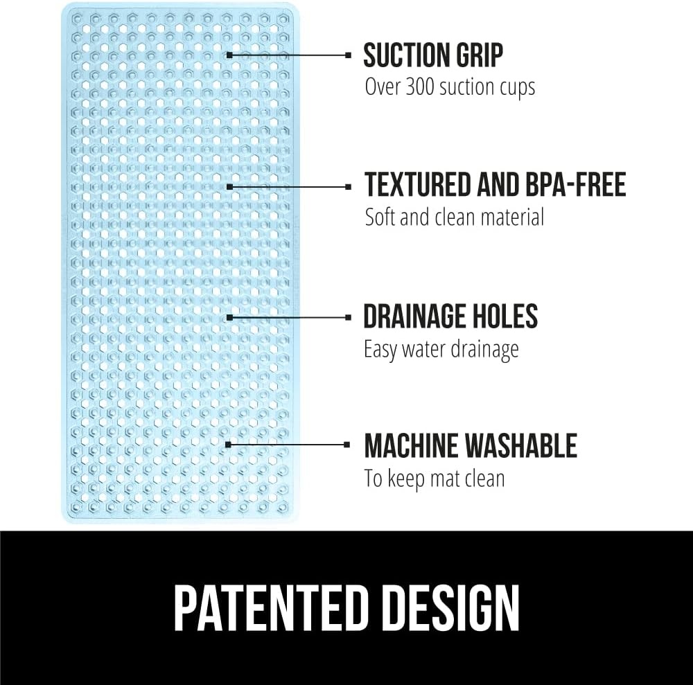 image:imageGORILLA GRIP Patented Bath Tub Shower Mat Machine Washable Bathtub Floor Liner Mats Suction Cups and Drain Holes to Keep Tubs Clean Soft on Feet Bathroom Essentials 35x16 Inch ClearBlue Translucent