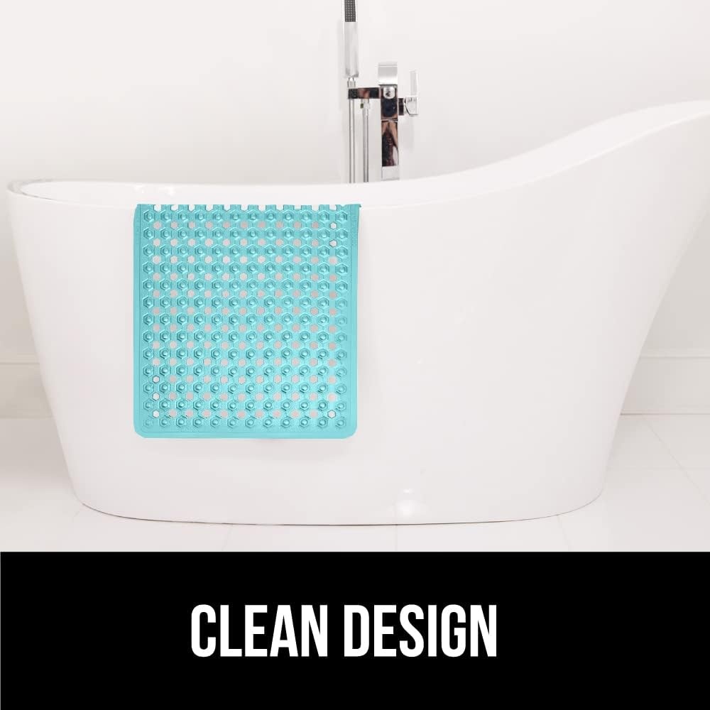 image:imageGORILLA GRIP Patented Bath Tub Shower Mat Machine Washable Bathtub Floor Liner Mats Suction Cups and Drain Holes to Keep Tubs Clean Soft on Feet Bathroom Essentials 35x16 Inch ClearTurquoise Translucent
