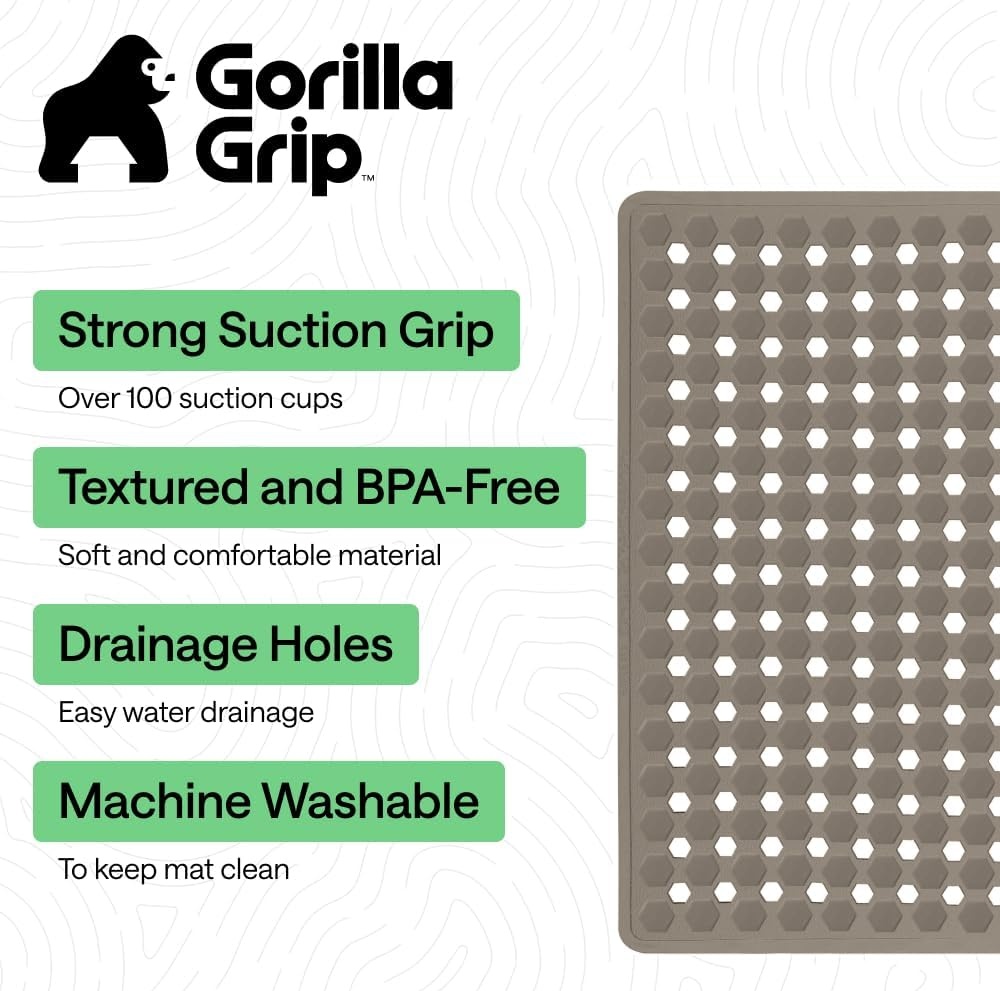 image:imageGORILLA GRIP Patented Bath Tub Shower Mat Machine Washable Bathtub Floor Liner Mats Suction Cups and Drain Holes to Keep Tubs Clean Soft on Feet Bathroom Essentials 35x16 Inch ClearBeige Opaque