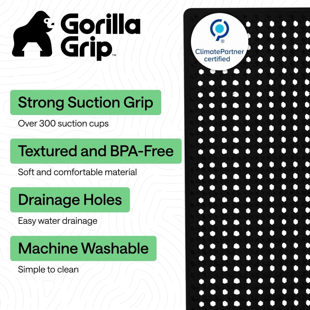 image:imageGORILLA GRIP Patented Bath Tub Shower Mat Machine Washable Bathtub Floor Liner Mats Suction Cups and Drain Holes to Keep Tubs Clean Soft on Feet Bathroom Essentials 35x16 Inch ClearBlack Opaque