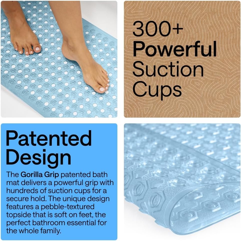 image:imageGORILLA GRIP Patented Bath Tub Shower Mat Machine Washable Bathtub Floor Liner Mats Suction Cups and Drain Holes to Keep Tubs Clean Soft on Feet Bathroom Essentials 35x16 Inch ClearBlue Translucent
