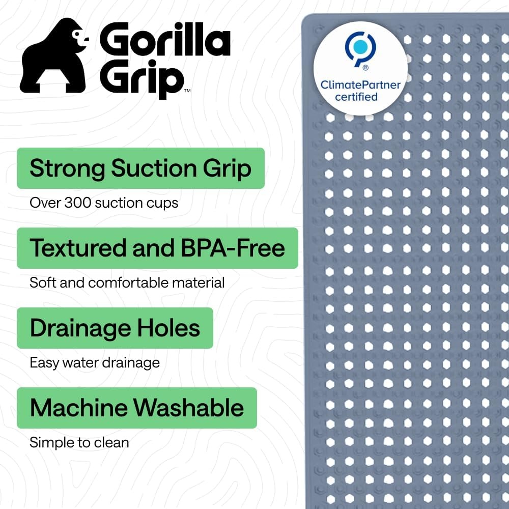 image:imageGORILLA GRIP Patented Bath Tub Shower Mat Machine Washable Bathtub Floor Liner Mats Suction Cups and Drain Holes to Keep Tubs Clean Soft on Feet Bathroom Essentials 35x16 Inch ClearSky Blue Opaque