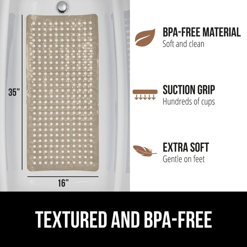image:imageGORILLA GRIP Patented Bath Tub Shower Mat Machine Washable Bathtub Floor Liner Mats Suction Cups and Drain Holes to Keep Tubs Clean Soft on Feet Bathroom Essentials 35x16 Inch ClearBeige Opaque