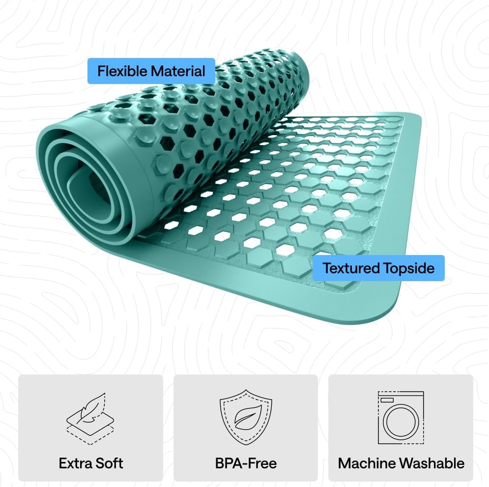 image:imageGORILLA GRIP Patented Bath Tub Shower Mat Machine Washable Bathtub Floor Liner Mats Suction Cups and Drain Holes to Keep Tubs Clean Soft on Feet Bathroom Essentials 35x16 Inch ClearTurquoise Opaque