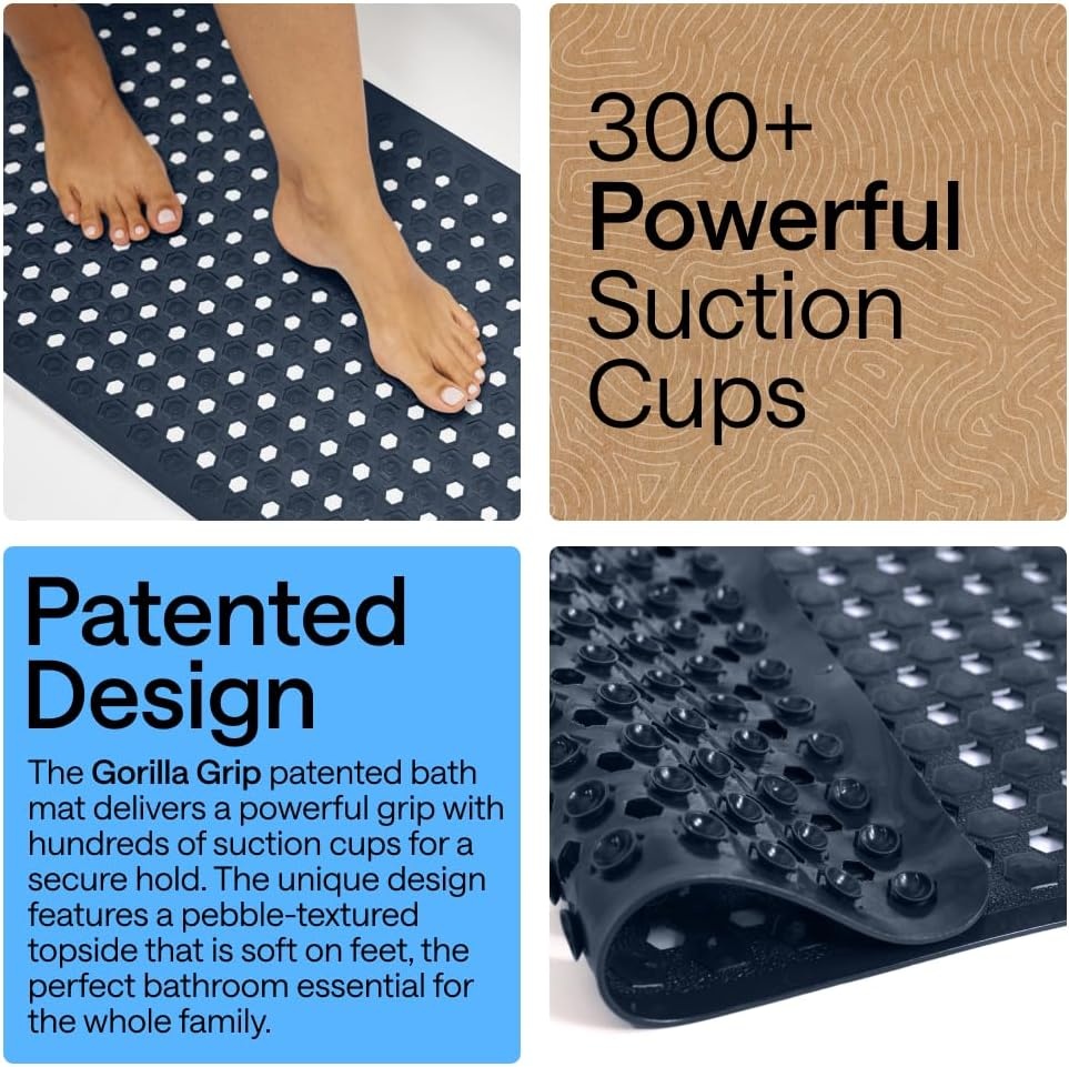 image:imageGORILLA GRIP Patented Bath Tub Shower Mat Machine Washable Bathtub Floor Liner Mats Suction Cups and Drain Holes to Keep Tubs Clean Soft on Feet Bathroom Essentials 35x16 Inch ClearNavy Opaque