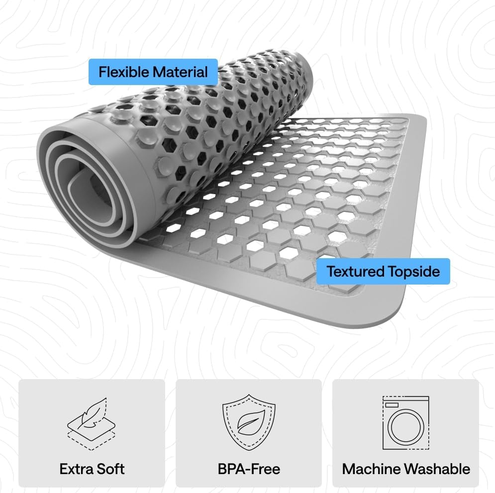 image:imageGORILLA GRIP Patented Bath Tub Shower Mat Machine Washable Bathtub Floor Liner Mats Suction Cups and Drain Holes to Keep Tubs Clean Soft on Feet Bathroom Essentials 35x16 Inch ClearGray Opaque